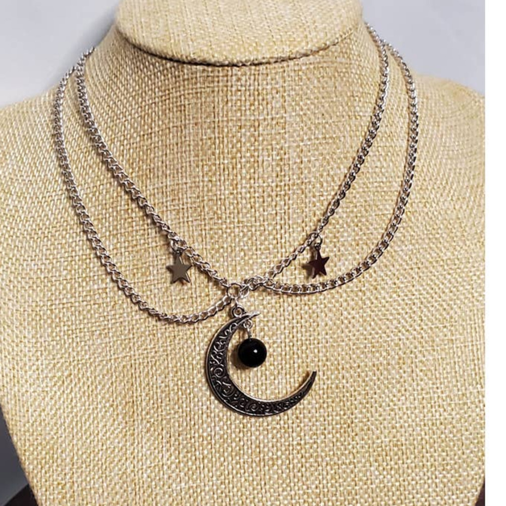 Witchy Silver Tone Layered Crescent Moon Star Necklace Gothic Whimsigoth NWT
